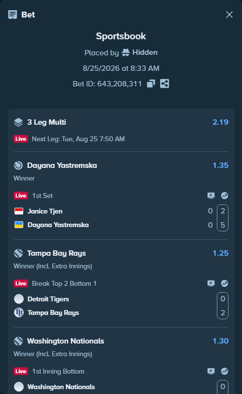 Bet slip: Janice Tjen - Dayana Yastremska, $15,007.88 stake at 1.35 odds, placed by Hidden