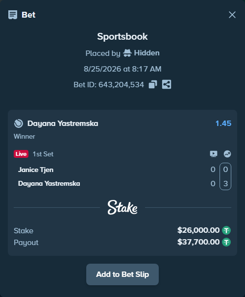 Bet slip: Janice Tjen - Dayana Yastremska, $26,000.00 stake at 1.45 odds, placed by Hidden