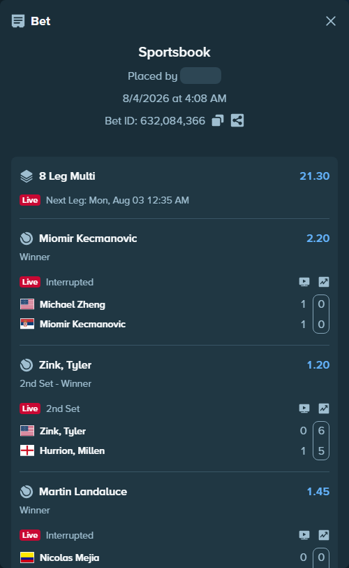 Bet slip: Janice Tjen - Liudmila Samsonova, $70,822.22 stake at 1.56 odds, placed by Prettylfacko98