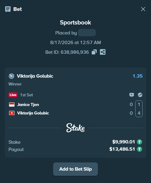 Bet slip: Janice Tjen - Viktorija Golubic, $10,000.00 stake at 1.35 odds, placed by Jason8765