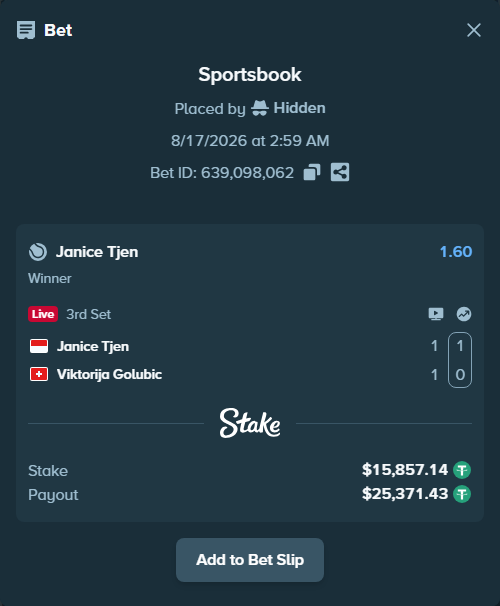 Bet slip: Janice Tjen - Viktorija Golubic, $15,873.00 stake at 1.60 odds, placed by Hidden