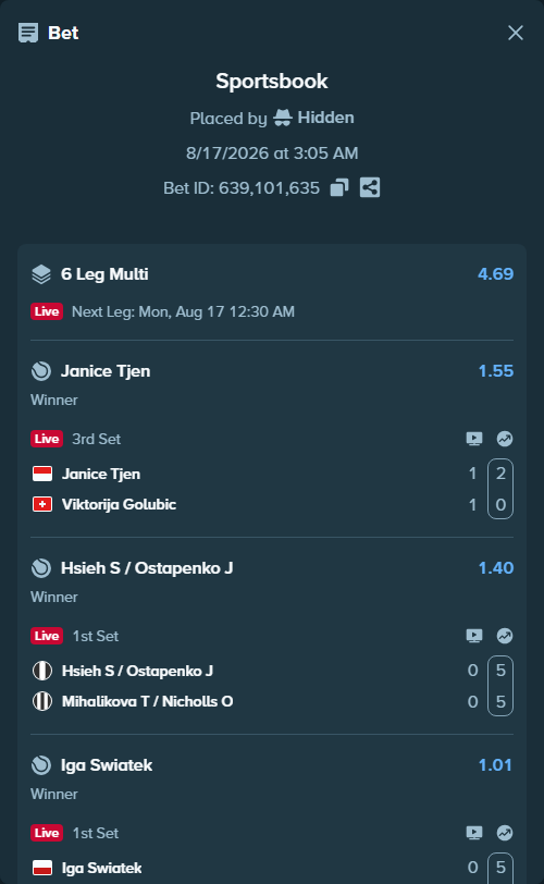Bet slip: Janice Tjen - Viktorija Golubic, $22,238.00 stake at 1.55 odds, placed by Hidden