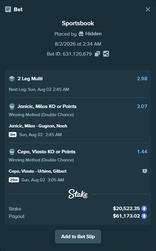 Bet slip: Janicic, Milos - Gugnon, Noah, $20,927.35 stake at 2.07 odds, placed by Hidden