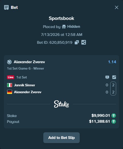 Bet slip: Jannik Sinner - Alexander Zverev, $10,000.00 stake at 1.14 odds, placed by Hidden