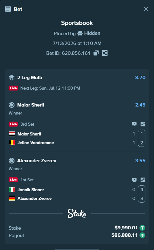 Bet slip: Jannik Sinner - Alexander Zverev, $10,000.00 stake at 3.55 odds, placed by Hidden