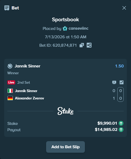 Bet slip: Jannik Sinner - Alexander Zverev, $10,000.00 stake at 1.50 odds, placed by canseviinc