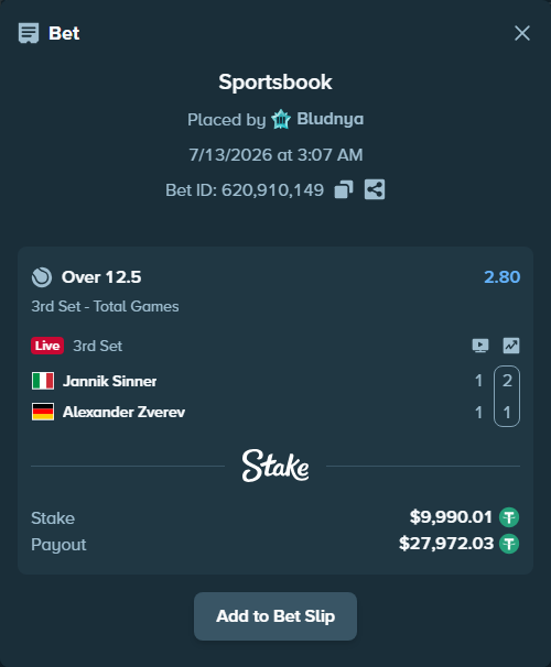 Bet slip: Jannik Sinner - Alexander Zverev, $10,000.00 stake at 2.80 odds, placed by Bludnya