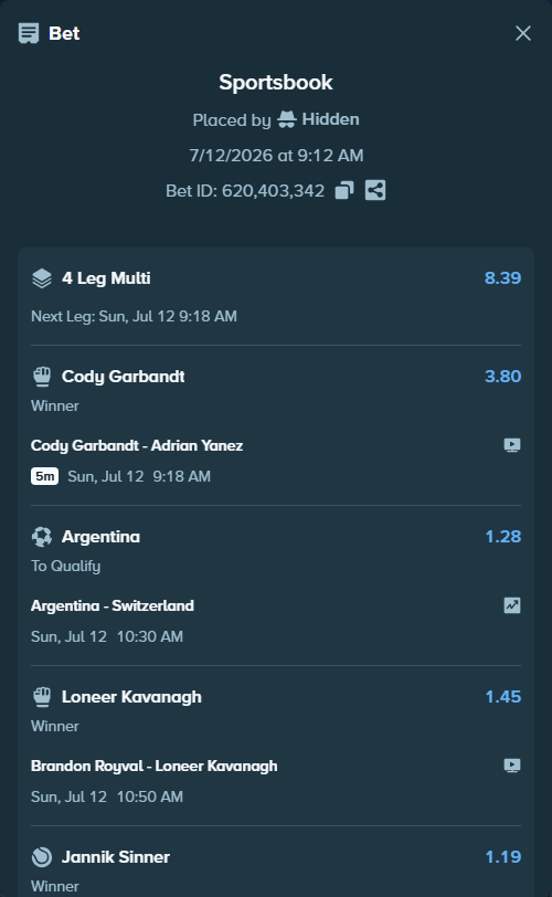 Bet slip: Jannik Sinner - Alexander Zverev, $10,010.00 stake at 1.19 odds, placed by Hidden