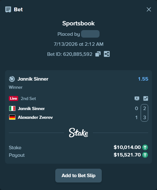 Bet slip: Jannik Sinner - Alexander Zverev, $10,024.01 stake at 1.55 odds, placed by Othmane2kiks