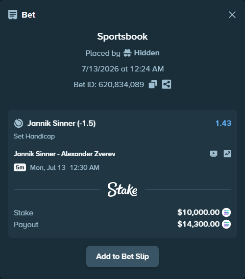 Bet slip: Jannik Sinner - Alexander Zverev, $9,425.30 stake at 1.43 odds, placed by Hidden