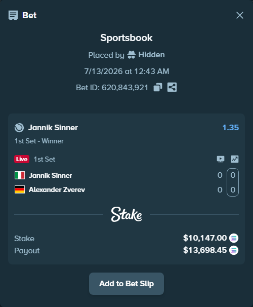 Bet slip: Jannik Sinner - Alexander Zverev, $9,526.98 stake at 1.35 odds, placed by Hidden