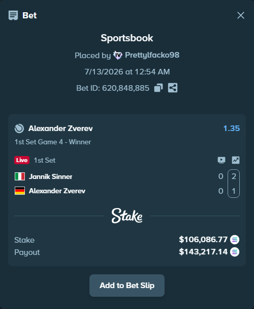 Bet slip: Jannik Sinner - Alexander Zverev, $99,527.39 stake at 1.35 odds, placed by Prettylfacko98
