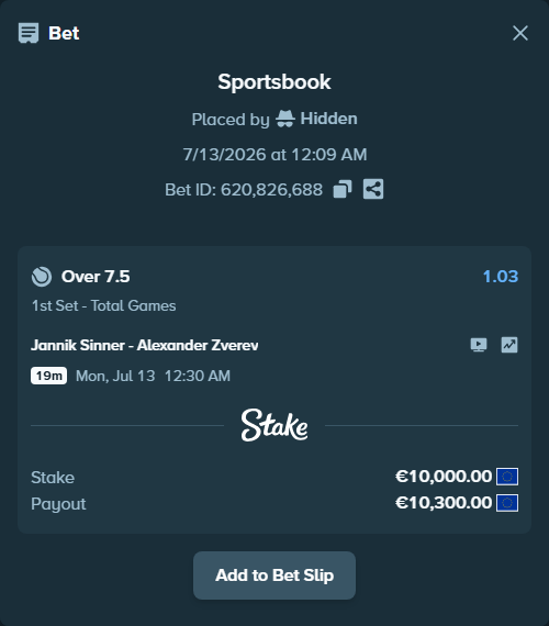 Bet slip: Jannik Sinner - Alexander Zverev, $10,800.00 stake at 1.03 odds, placed by Hidden