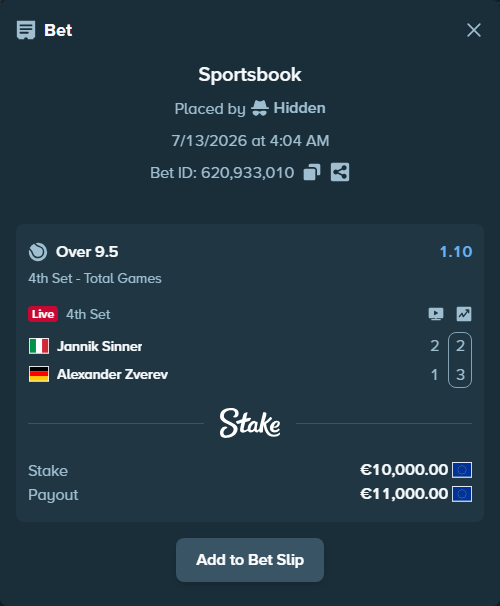 Bet slip: Jannik Sinner - Alexander Zverev, $10,800.00 stake at 1.10 odds, placed by Hidden