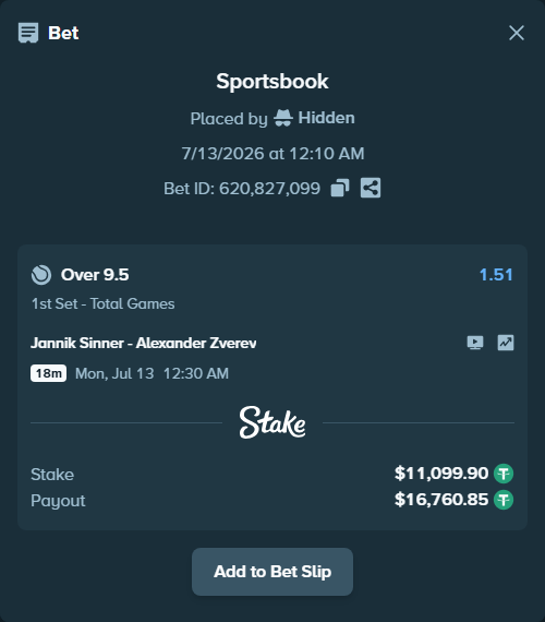 Bet slip: Jannik Sinner - Alexander Zverev, $11,111.00 stake at 1.51 odds, placed by Hidden