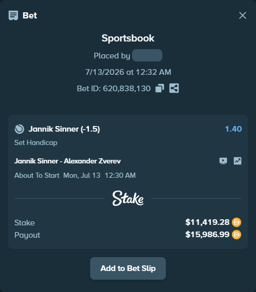 Bet slip: Jannik Sinner - Alexander Zverev, $11,419.28 stake at 1.40 odds, placed by n0m0neyn0h0e