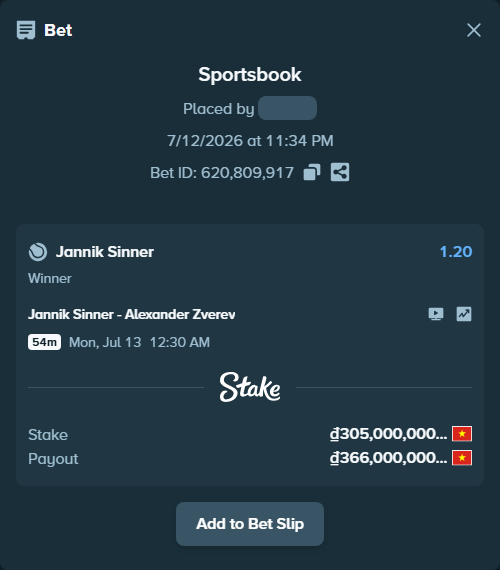 Bet slip: Jannik Sinner - Alexander Zverev, $12,200.00 stake at 1.20 odds, placed by dcnhan96