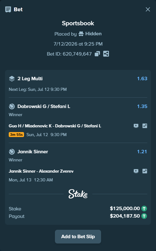 Bet slip: Jannik Sinner - Alexander Zverev, $125,125.00 stake at 1.21 odds, placed by Hidden