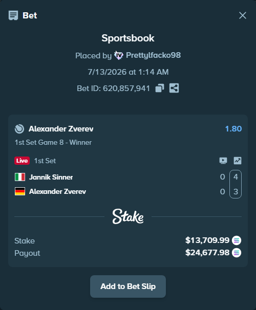 Bet slip: Jannik Sinner - Alexander Zverev, $12,862.30 stake at 1.80 odds, placed by Prettylfacko98