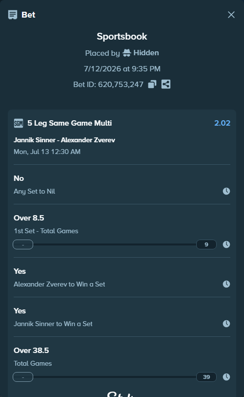 Bet slip: Jannik Sinner - Alexander Zverev, $15,000.00 stake at 1.01 odds, placed by Hidden