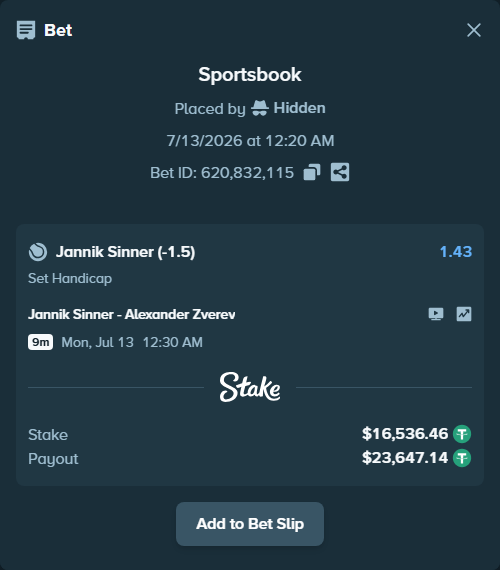 Bet slip: Jannik Sinner - Alexander Zverev, $16,553.00 stake at 1.43 odds, placed by Hidden