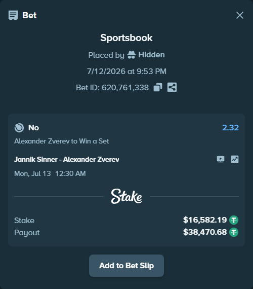 Bet slip: Jannik Sinner - Alexander Zverev, $16,598.77 stake at 2.32 odds, placed by Hidden