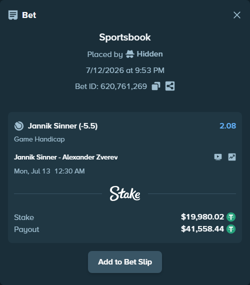 Bet slip: Jannik Sinner - Alexander Zverev, $20,000.00 stake at 2.08 odds, placed by Hidden