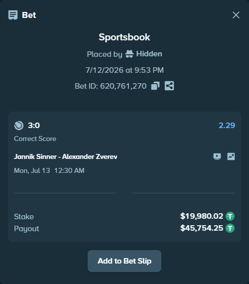 Bet slip: Jannik Sinner - Alexander Zverev, $20,000.00 stake at 2.29 odds, placed by Hidden