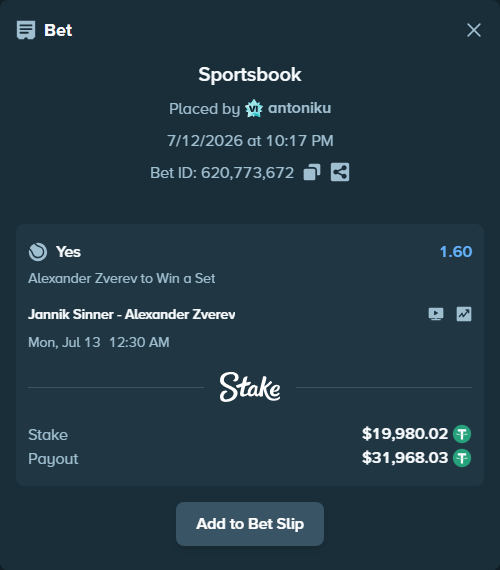 Bet slip: Jannik Sinner - Alexander Zverev, $20,000.00 stake at 1.60 odds, placed by antoniku