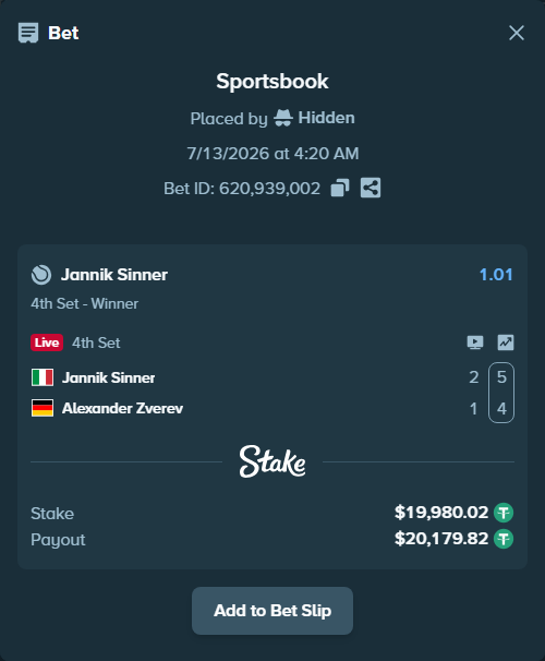 Bet slip: Jannik Sinner - Alexander Zverev, $20,000.00 stake at 1.01 odds, placed by Hidden