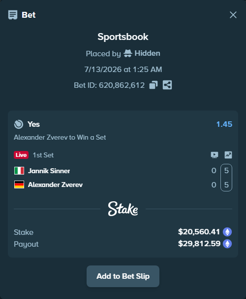 Bet slip: Jannik Sinner - Alexander Zverev, $21,498.14 stake at 1.45 odds, placed by Hidden
