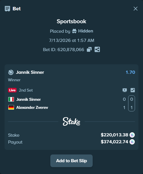 Bet slip: Jannik Sinner - Alexander Zverev, $206,250.00 stake at 1.70 odds, placed by Prettylfacko98