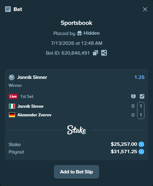 Bet slip: Jannik Sinner - Alexander Zverev, $25,257.00 stake at 1.25 odds, placed by Hidden