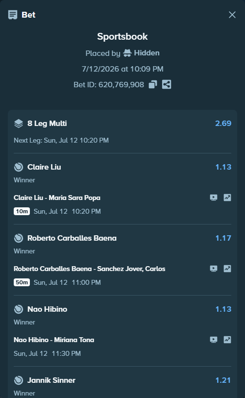 Bet slip: Jannik Sinner - Alexander Zverev, $28,354.80 stake at 1.21 odds, placed by Hidden