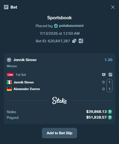 Bet slip: Jannik Sinner - Alexander Zverev, $39,908.00 stake at 1.30 odds, placed by palakasomani