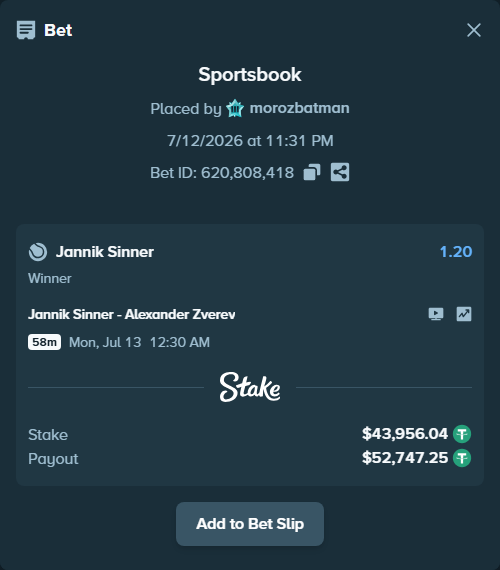Bet slip: Jannik Sinner - Alexander Zverev, $44,000.00 stake at 1.20 odds, placed by morozbatman