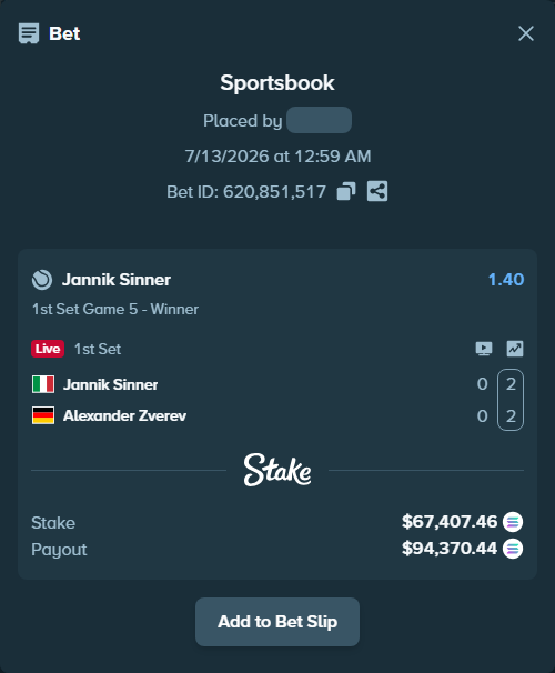 Bet slip: Jannik Sinner - Alexander Zverev, $63,239.63 stake at 1.40 odds, placed by Prettylfacko98