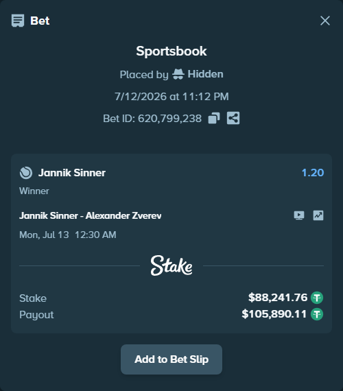 Bet slip: Jannik Sinner - Alexander Zverev, $88,330.00 stake at 1.20 odds, placed by Hidden