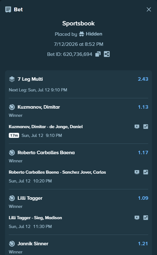 Bet slip: Jannik Sinner - Alexander Zverev, $96,944.22 stake at 1.21 odds, placed by Hidden
