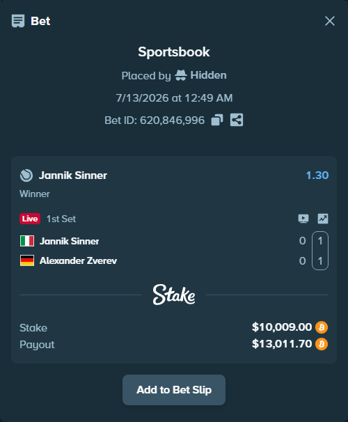 Bet slip: Jannik Sinner - Alexander Zverev, $10,043.58 stake at 1.30 odds, placed by Hidden
