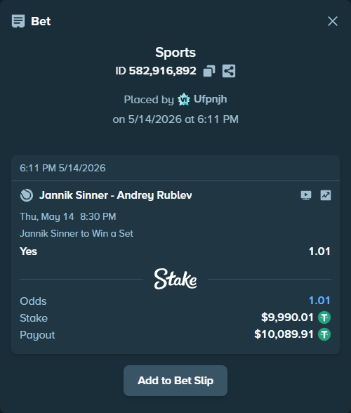 Bet slip: Jannik Sinner - Andrey Rublev, $10,000.00 stake at 1.01 odds, placed by Ufpnjh