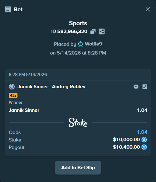 Bet slip: Jannik Sinner - Andrey Rublev, $10,000.00 stake at 1.04 odds, placed by Wolfie9