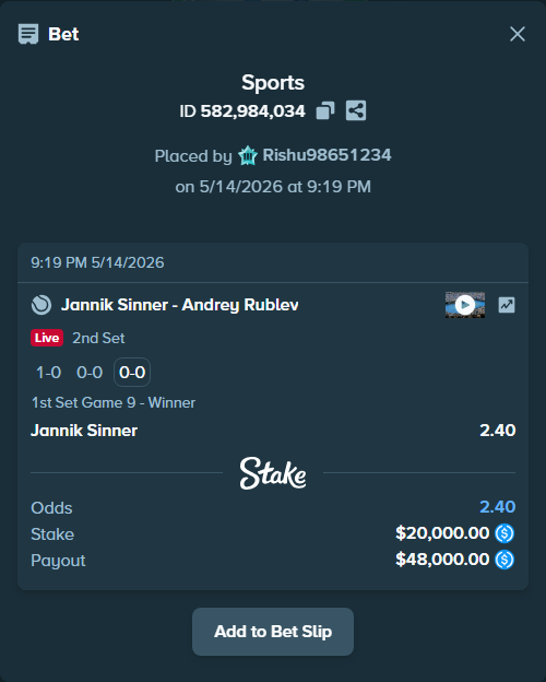 Bet slip: Jannik Sinner - Andrey Rublev, $20,000.00 stake at 2.40 odds, placed by Rishu98651234