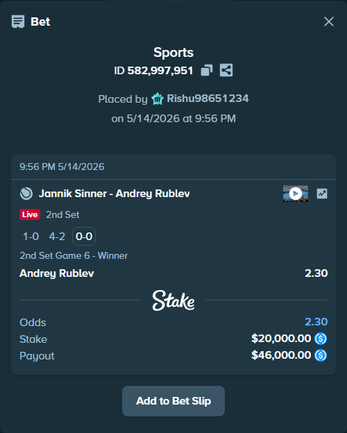 Bet slip: Jannik Sinner - Andrey Rublev, $20,000.00 stake at 2.30 odds, placed by Rishu98651234