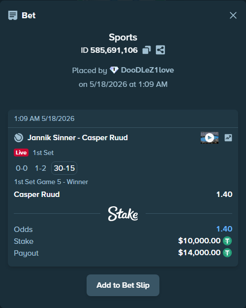 Bet slip: Jannik Sinner - Casper Ruud, $10,000.00 stake at 1.40 odds, placed by DooDLeZ1love