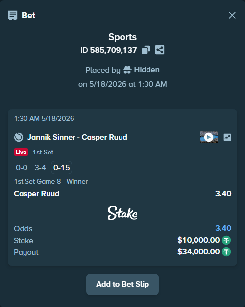 Bet slip: Jannik Sinner - Casper Ruud, $10,000.00 stake at 3.40 odds, placed by Hidden