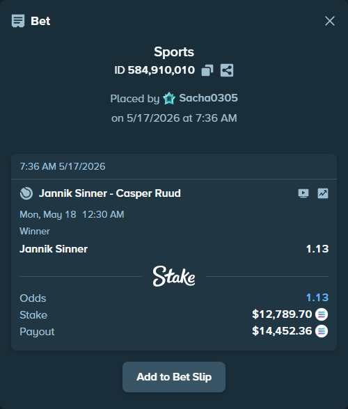 Bet slip: Jannik Sinner - Casper Ruud, $10,810.71 stake at 1.13 odds, placed by Sacha0305