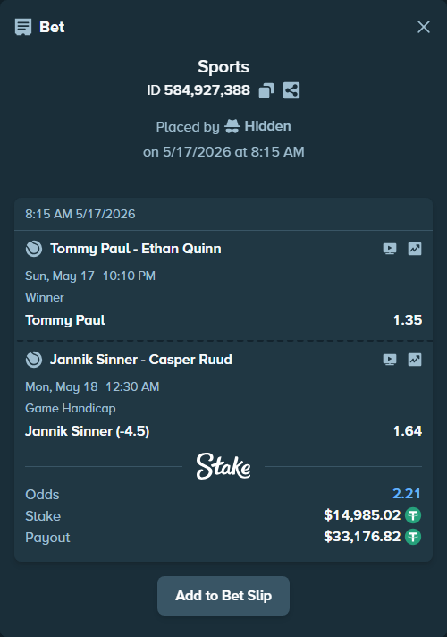 Bet slip: Jannik Sinner - Casper Ruud, $15,000.00 stake at 1.64 odds, placed by Hidden