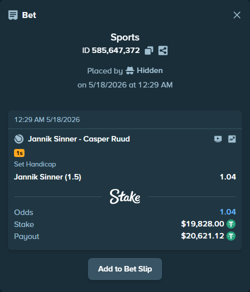 Bet slip: Jannik Sinner - Casper Ruud, $19,828.00 stake at 1.04 odds, placed by Hidden