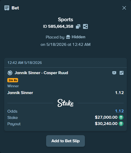 Bet slip: Jannik Sinner - Casper Ruud, $27,000.00 stake at 1.12 odds, placed by Hidden